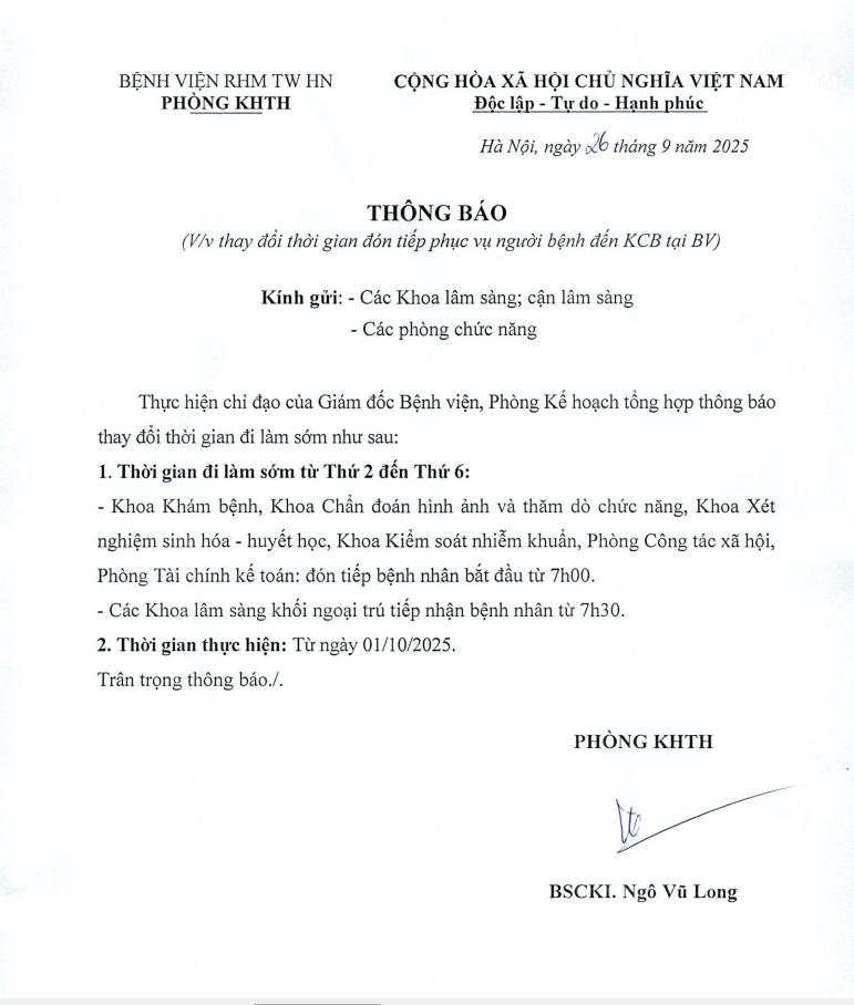 THÔNG BÁO THỜI GIAN KHÁM CHỮA BỆNH TỪ 1/10/2025
